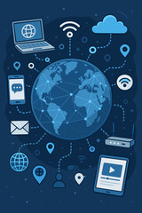 Global digital network and communication technology concept. Planet Earth with internet icons like laptop, phone, cloud, wifi, router. Worldwide web and data connection vector.