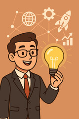 Businessman holding a glowing light bulb, a symbol of a new idea and creative innovation. Concept of entrepreneurship, startup launch with rocket, business strategy, and success.