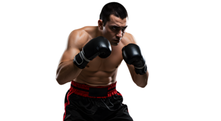 Intense boxer in a fighting stance, showcasing strength and focus, with a blurred gym background emphasizing training