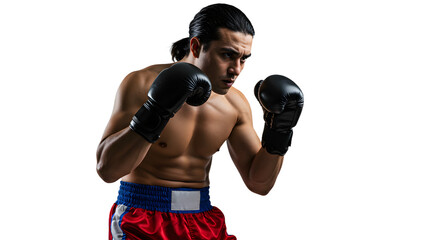 Intense boxer in red shorts and black gloves preparing for a fight, showcasing determination against a dark background