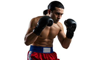 Intense boxer in red shorts and black gloves preparing for a fight, showcasing determination against a dark background