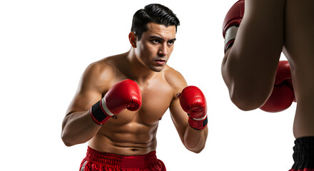 Intense boxing match between two fighters in a training session, showcasing determination and athleticism in a studio setting