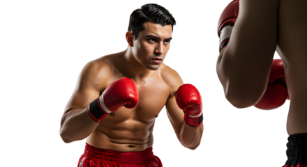 Intense boxing match between two fighters in a training session, showcasing determination and athleticism in a studio setting