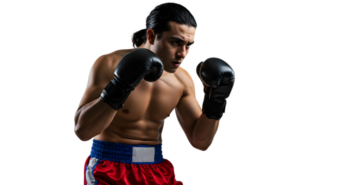 Intense boxer in red shorts and black gloves preparing for a fight, showcasing determination against a dark background