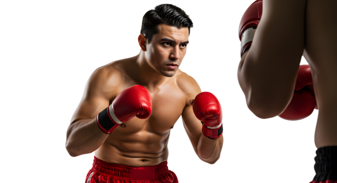 Intense boxing match between two fighters in a training session, showcasing determination and athleticism in a studio setting