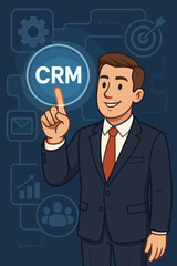 Businessman touching a CRM button on a virtual interface. Customer Relationship Management concept for business strategy, marketing automation, sales funnel, and client data analysis.
