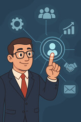 Businessman managing CRM software on a virtual interface. Customer Relationship Management concept with icons for sales automation, client data analysis, and marketing strategies. Vector.