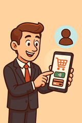 Cartoon businessman making an online purchase on a smartphone. Mobile payment and e-commerce vector concept. Customer using a banking app with shopping cart and contactless pay icon.