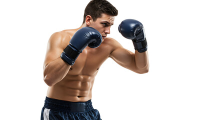 Male boxer in a fighting stance, showcasing athleticism and focus in a training environment with a neutral background