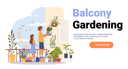Balcony gardening urban plants care people outdoor pots family watering green foliage sky birds modern flat website banner