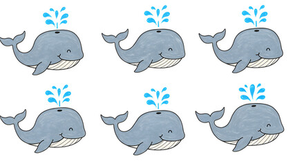 Playful cartoon whales spouting water in a cheerful underwater scene, perfect for children's illustrations or educational materials