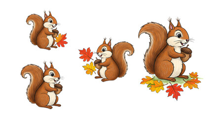 Playful cartoon squirrels gathering colorful autumn leaves in a vibrant forest setting, showcasing nature's beauty