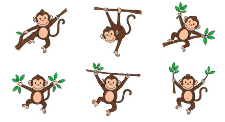 Playful monkeys swinging on branches, showcasing agility and joy amidst a vibrant jungle background with foliage