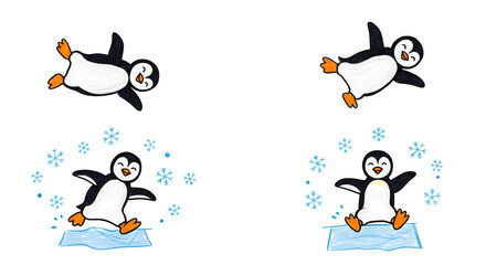 Playful penguins sliding on ice, surrounded by snowflakes, showcasing a joyful winter scene perfect for children's themes