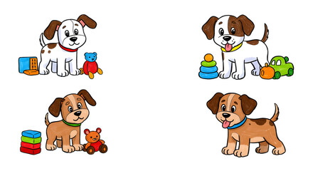 Playful puppies engaging with colorful toys in a cheerful setting, showcasing their playful nature and innocence