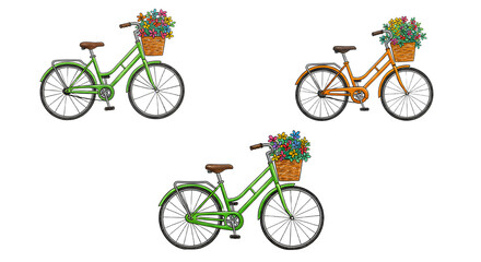 Three colorful bicycles with flower baskets on a transparent background, ideal for spring-themed designs or promotions