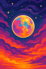 Psychedelic colorful full moon in a surreal fantasy night sky with stars. Abstract vector landscape with magic sunset clouds. Cosmic cartoon background for a dreamy concept.