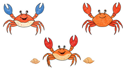 Three colorful cartoon crabs with cheerful expressions, set against a plain background, ideal for children's illustrations