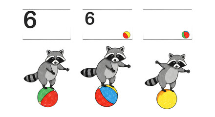 Three playful raccoons balancing on colorful balls, showcasing numbers while engaging in a fun learning activity