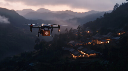 Futuristic rescue drone delivering defibrillator in urban emergency scene