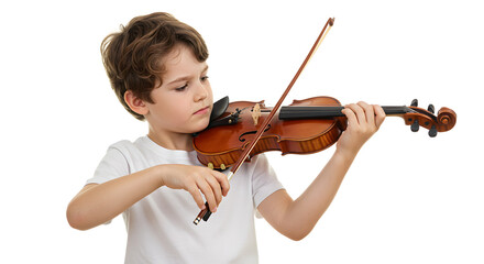 Young boy playing the violin with focus, showcasing musical talent in a bright, neutral environment