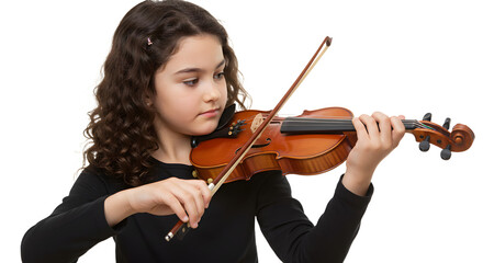 Young girl playing the violin with focus in a bright, neutral background, showcasing her musical talent and dedication