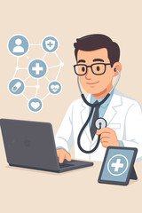 Modern doctor cartoon illustration using stethoscope with laptop and tablet, digital healthcare, telemedicine concept, virtual medical network, online consultation, technology in medicine vector