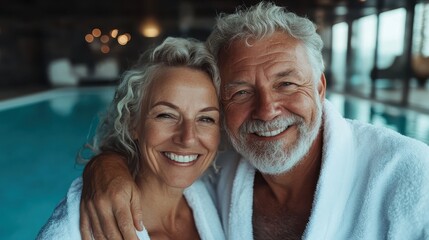 A joyful senior couple smiles together in plush white robes, enjoying each other's company beside a serene swimming pool, embodying love, happiness, and companionship.