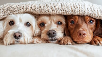 Fototapeta na wymiar Three adorable dogs snuggle together under a cozy blanket, showcasing their bright eyes and warm expressions, encapsulating the essence of companionship and love among pets.