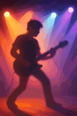 Guitarist silhouette on stage. Rock concert concept. Musician playing electric guitar. Colorful spotlights. Live music performance. Blurred background. Entertainment vector illustration.