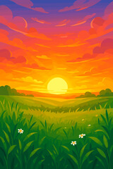 Obraz premium Beautiful sunset landscape with green grass meadow and flowers. Summer nature scenery background with a vibrant sun and colorful sky. Vector cartoon illustration of a peaceful rural field.
