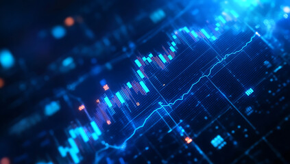 Obraz premium Abstract blue financial chart with glowing line graph and candlesticks