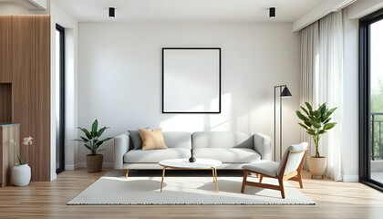 3d japandi studio apartment interior with geometric wall art and space-saving modern furniture in minimal neutral palette