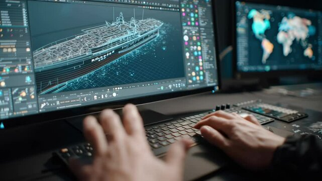 Close up of engineer hands working on computer keyboard and numeric keypad, designing a 3d model of a warship, displayed on computer monitor in a dark technological office