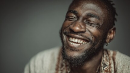 Captivating close-up portrait of a joyous African man expressing genuine happiness