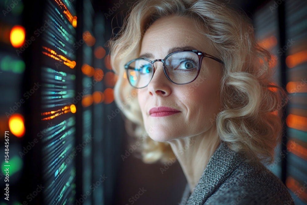 Fototapete graphs and computer text reflections in her glasses. programmer focused on screen. graphic pattern o