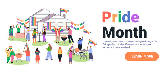 Pride month celebration diverse people rainbow flags outdoor gathering barbecue house decorations festive community event website banner