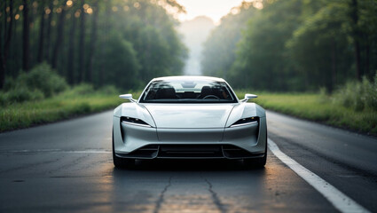 A pristine white electric car on a scenic road, showcasing modern automotive design.