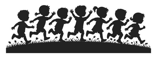 Silhouettes of children running uphill on grassy field with flowers, black and white vector illustration set. Group of boys and girls in motion with joyful expressions and playful energy.