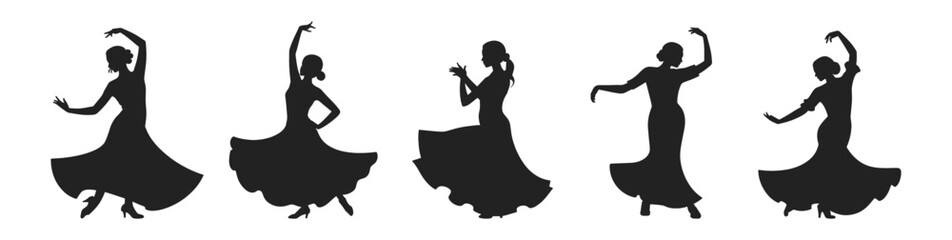 Flamenco dancers in traditional dress performing passionate movements, vector illustration. Dynamic female silhouettes in various flamenco dance poses.