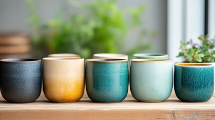 An array of beautifully crafted ceramic cups in various colors displayed against a background of greenery, highlighting the artistry and creativity in handmade pottery.