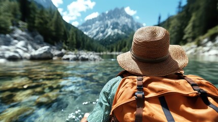 A passionate traveler sits by a tranquil alpine lake, surrounded by majestic mountains, representing a perfect blend of adventure, serenity, and the beauty of nature.