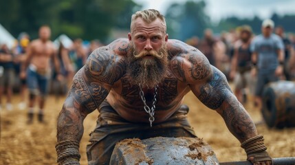 Dynamic capture of a muscular athlete engaged in a strength competition, showcasing power and determination amidst an enthusiastic crowd. The gritty atmosphere enhances the action.