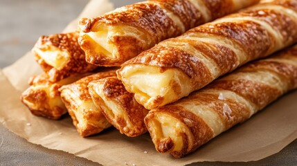 A tempting stack of golden, crispy pastries filled with sweet cream, perfect for satisfying cravings or enhancing your culinary creations at dessert tables.