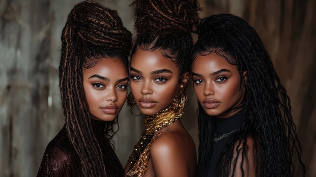 A striking portrait of three women with stunning dreadlocks, showcasing beauty and diversity in hairstyle while exuding confidence, elegance, and contemporary fashion.