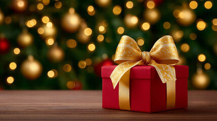 Red gift box with golden ribbon placed on wooden surface. Soft bokeh lights create a warm festive atmosphere, ideal for holiday greetings. Concept of gift giving, celebration, holidays