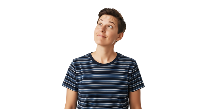 A person with short hair wearing a striped shirt looking up with a thoughtful expression on their face on transparent background