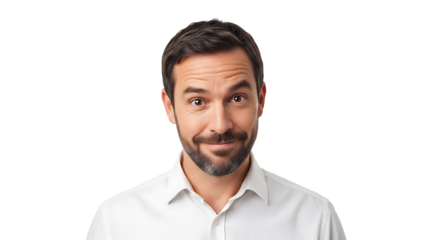 Man with a beard and white shirt looking at the viewer with a slight smirk on a black background image on transparent background