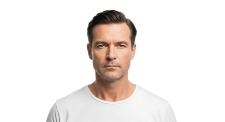 A portrait of a man with dark hair and a white t shirt against a black background looking at the camera on transparent background
