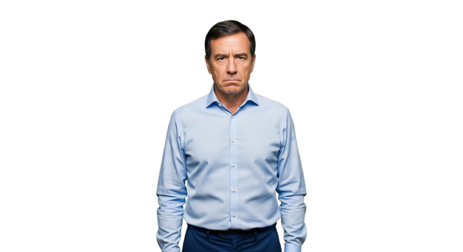 Portrait of a middle aged man with a serious expression wearing a blue shirt against black background on transparent background